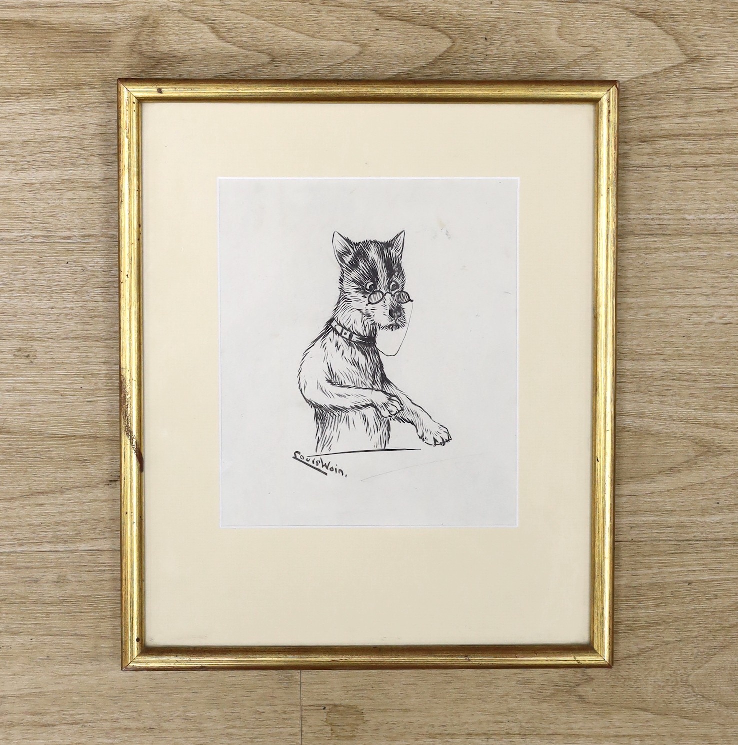 Louis William Wain (1860-1939), pen and ink, 'Dog wearing spectacles', signed, 20 x 17cm